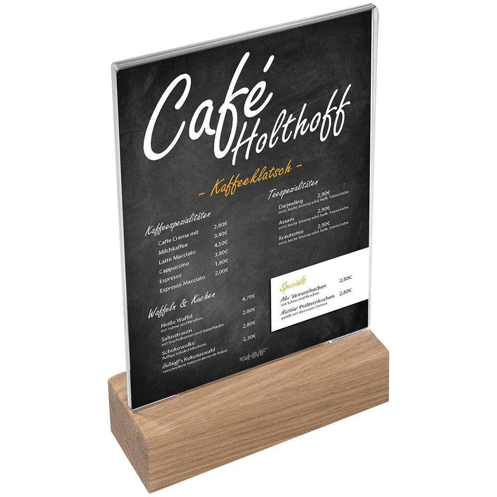 Acryl-Tischaufsteller mit stabilem Holzfuss