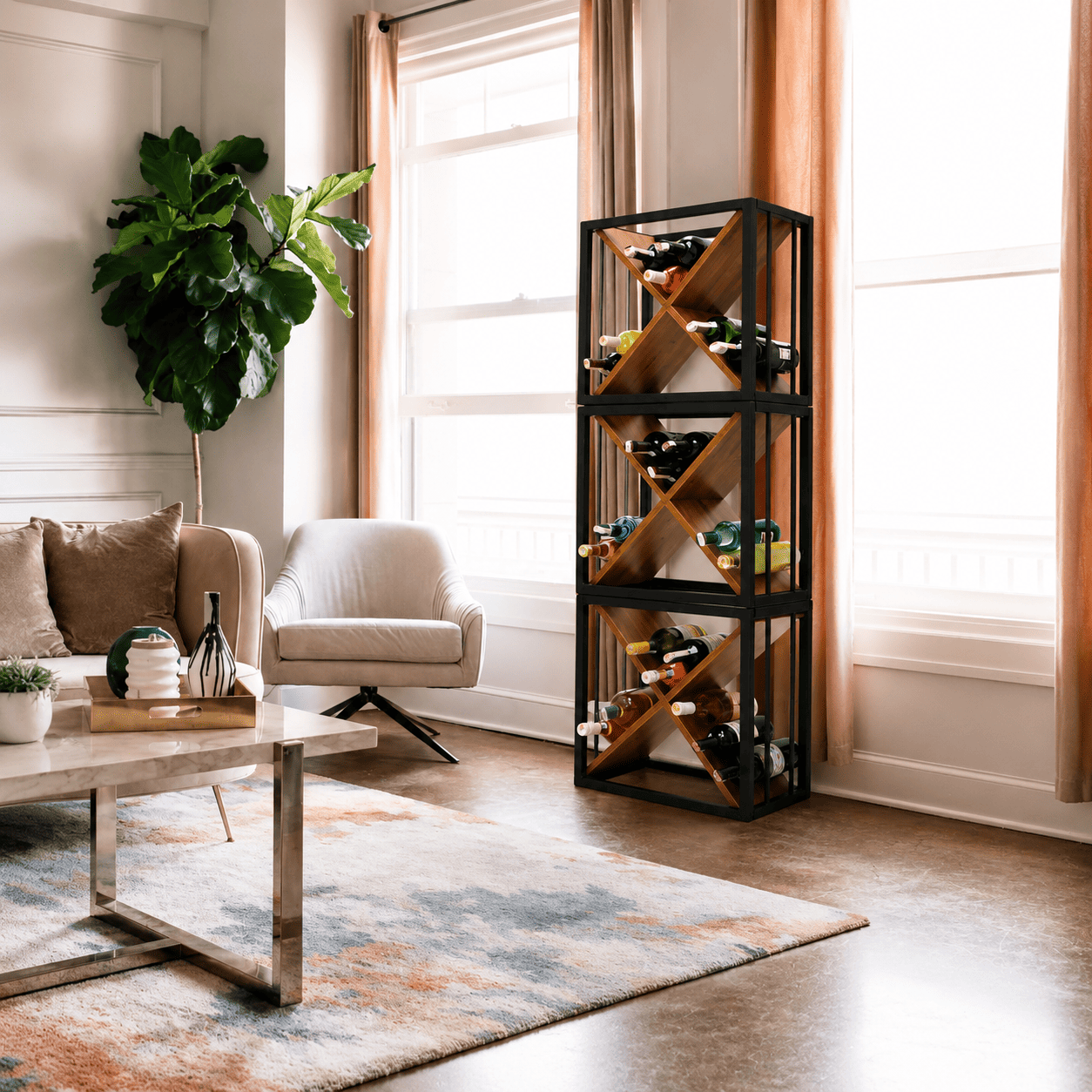 CUBIC Modulares Wein- & Flaschenregal – Erweiterbares Regal aus Holz & Stahl