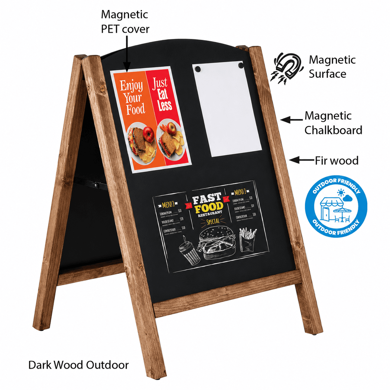 Outdoor Kreidetafel aus Holz 100×67 cm – Magnetisch, Slide-In, Dunkelbraun
