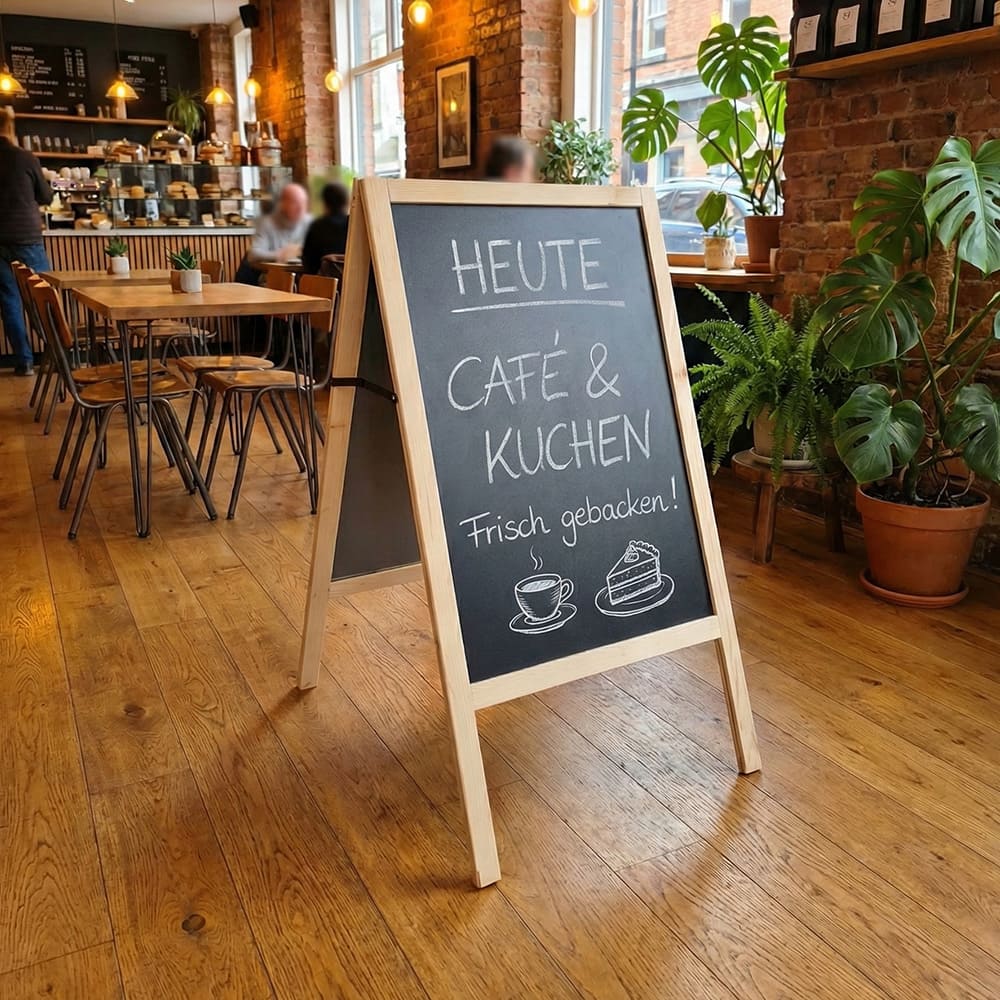 Holz Kundenstopper 68 × 113 cm, Natur – B-Ware / Abverkauf / Einzelstücke