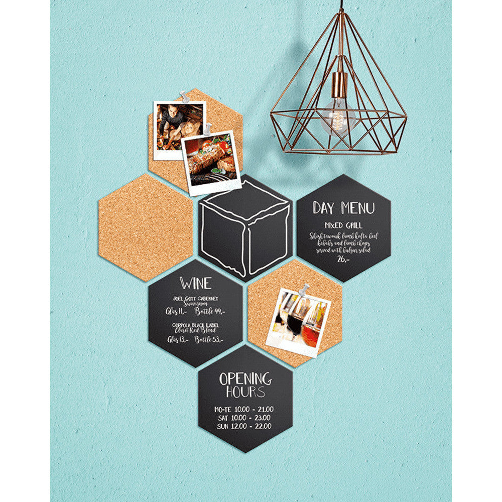 Hexagon Krreidetafel Silhouette mit Korktafeln im 7er Set beschriftet mit Angeboten und Preislisten