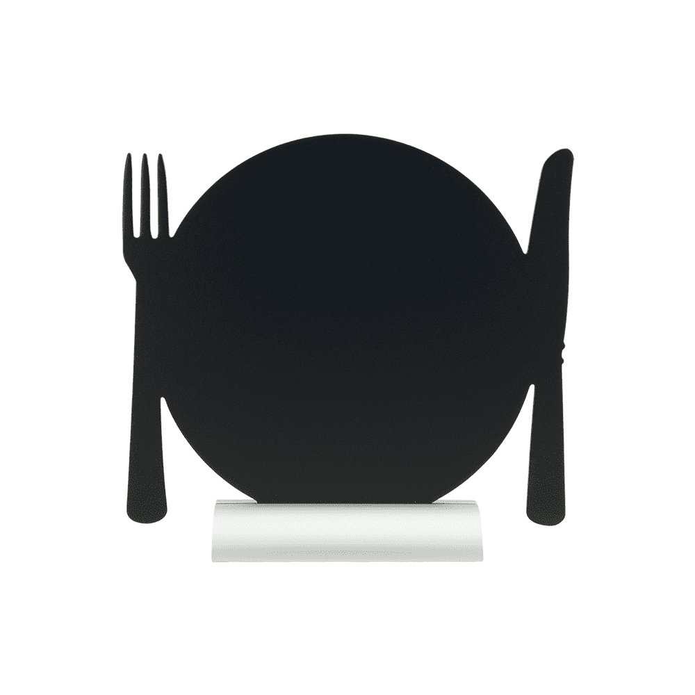 Tischkreidetafel in Form eines Tellers mit Besteck