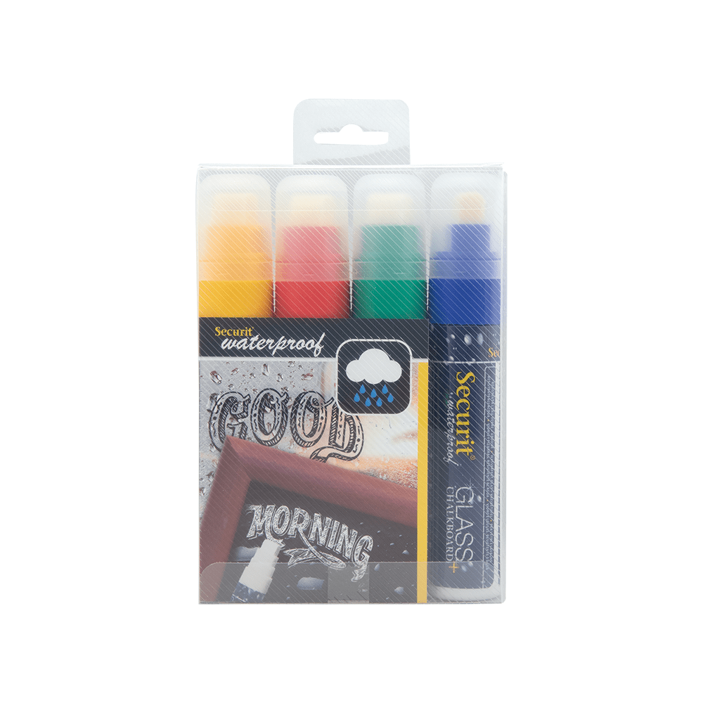 wasserfeste Kreidemarker 4-er Set farbig mit 7-15mm Strichbreite, Securit Kreidemarker farbig wasserfest für Kriedetafeln & Wandtafel Beschriftung
