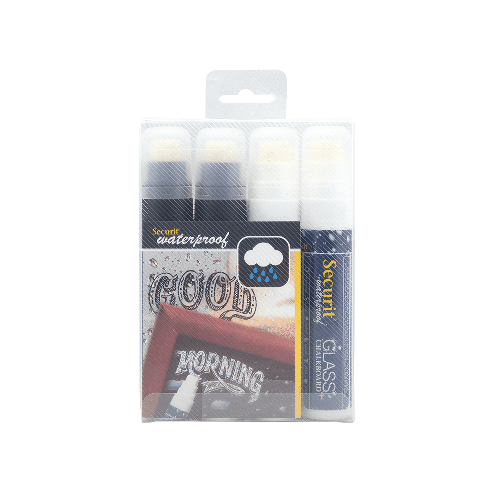wasserfeste Kreidemarker Securit schwarz + weiss, Kreidemarker wasserfest 7-15mm Strichbreite von der Marke Securit, Glas Kreidemarker wasserfest