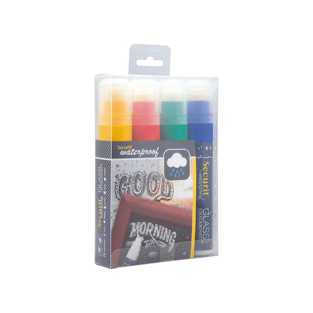 wasserfestes Kreidemarker 4-er Set farbig mit 7-15mm Strichbreite, Securit Kreidemarker farbig wasserfest für Kriedetafeln & Wandtafel Beschriftung