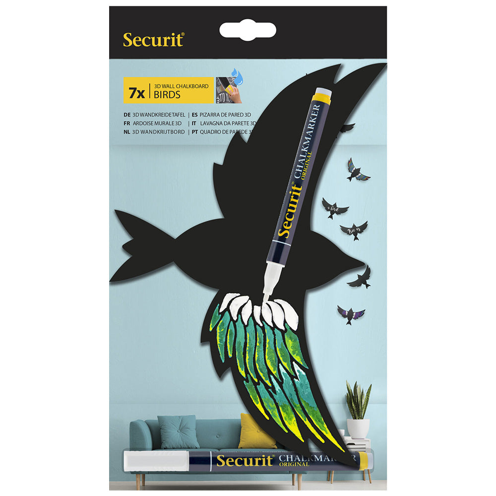 Securit® 3D Wandkreidetafel Silhouette Vogel, 7er-Set, 22x14cm