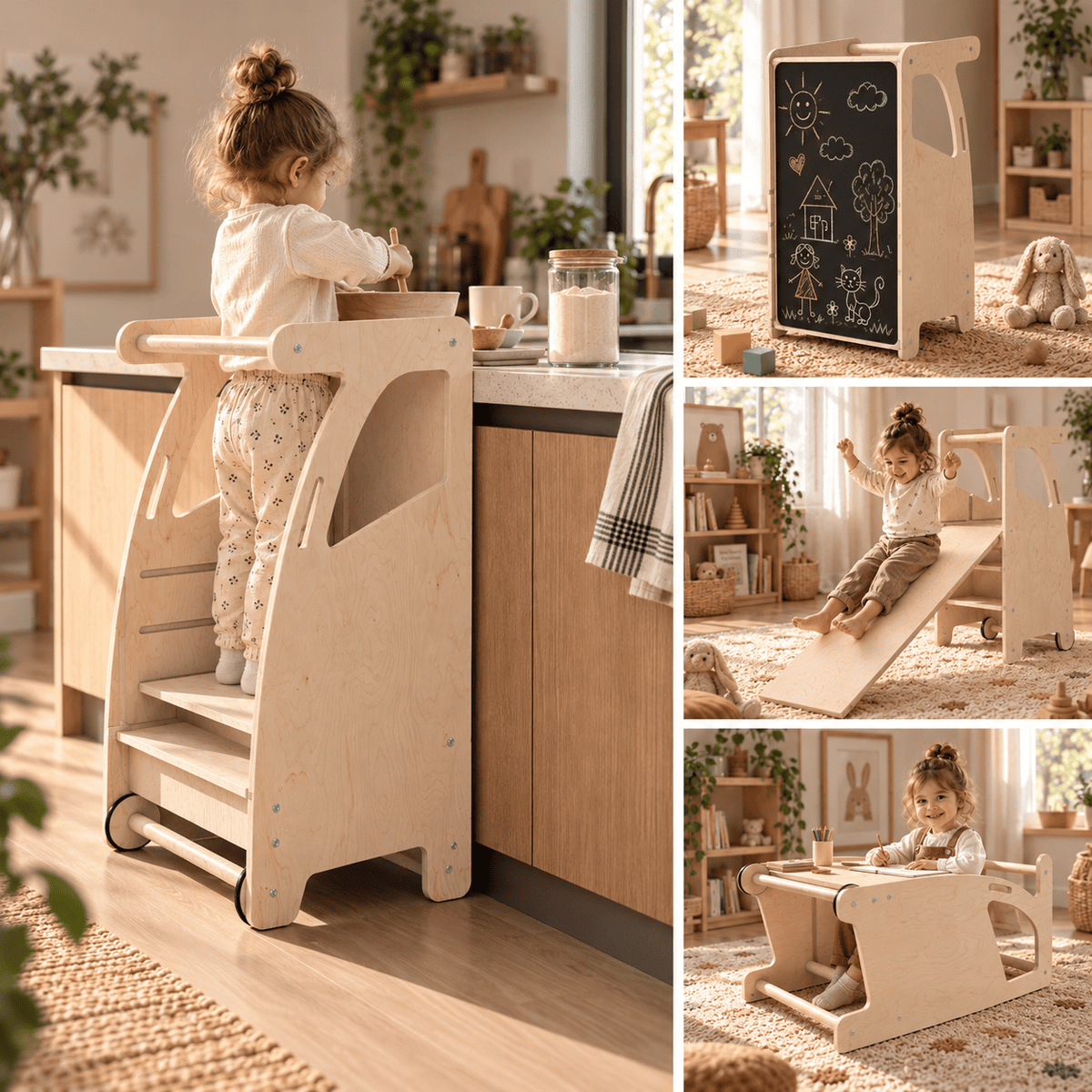 4-in-1 Lernturm aus Holz mit Rutsche, Kreidetafel & Tisch