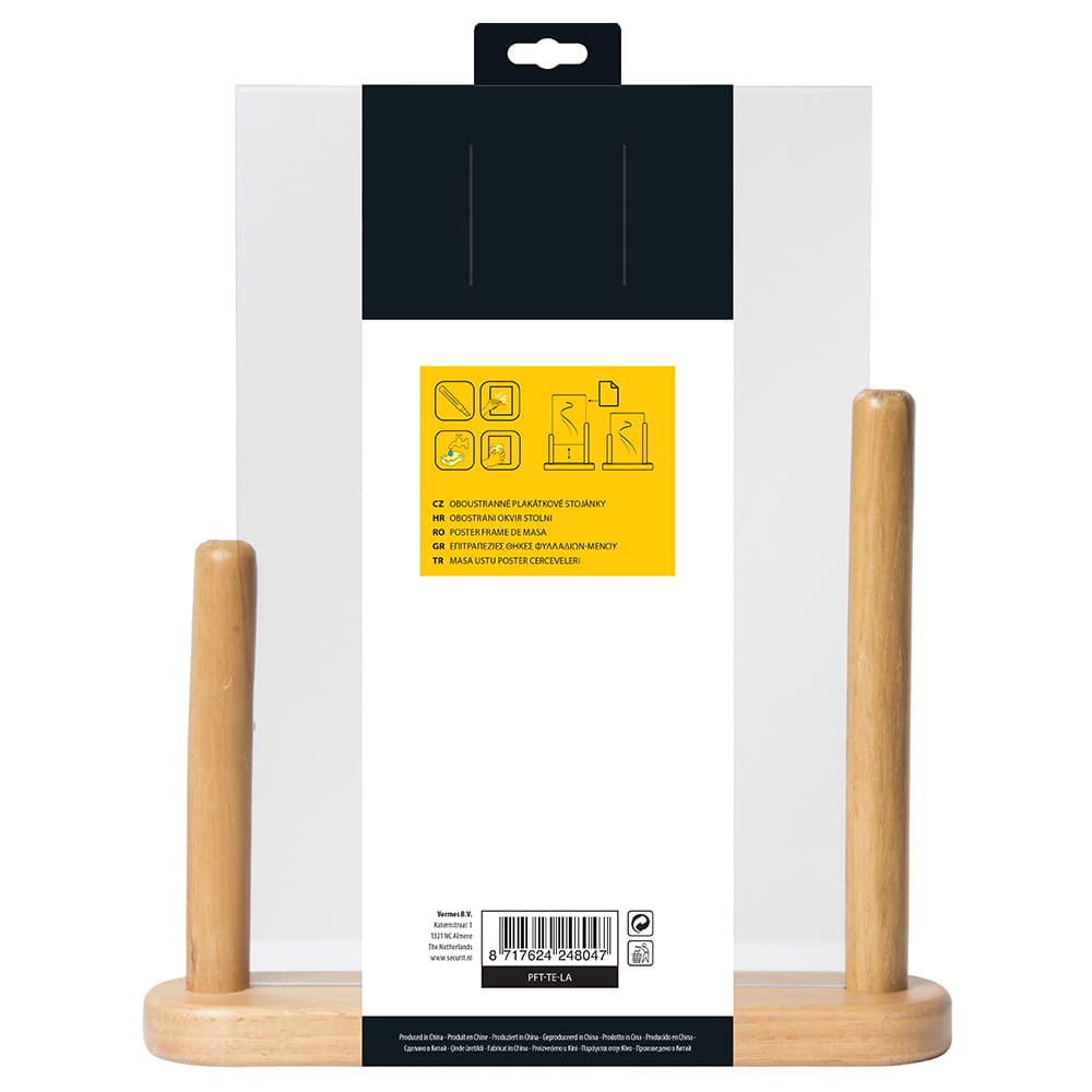 Securit® Acryl-Tischaufsteller mit lackiertem Fuss aus Hartholz