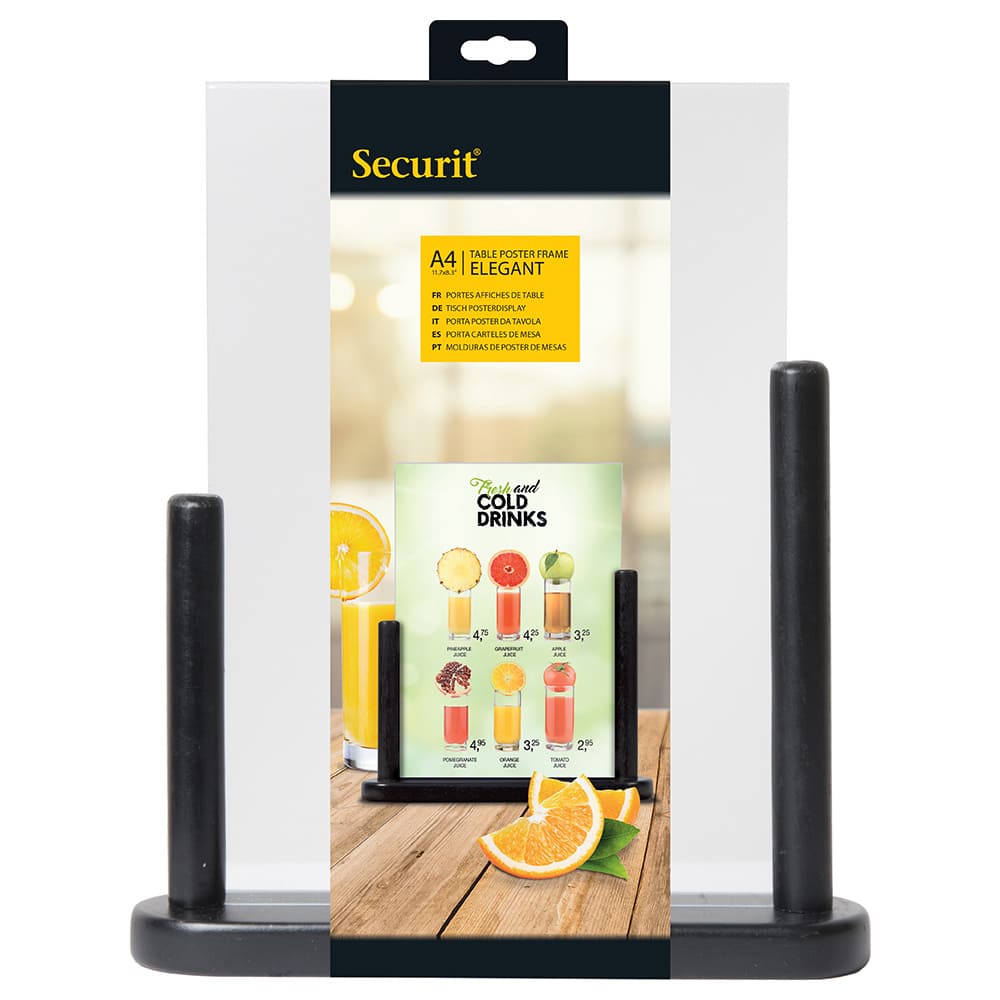 Securit® Acryl-Tischaufsteller mit lackiertem Fuss aus Hartholz