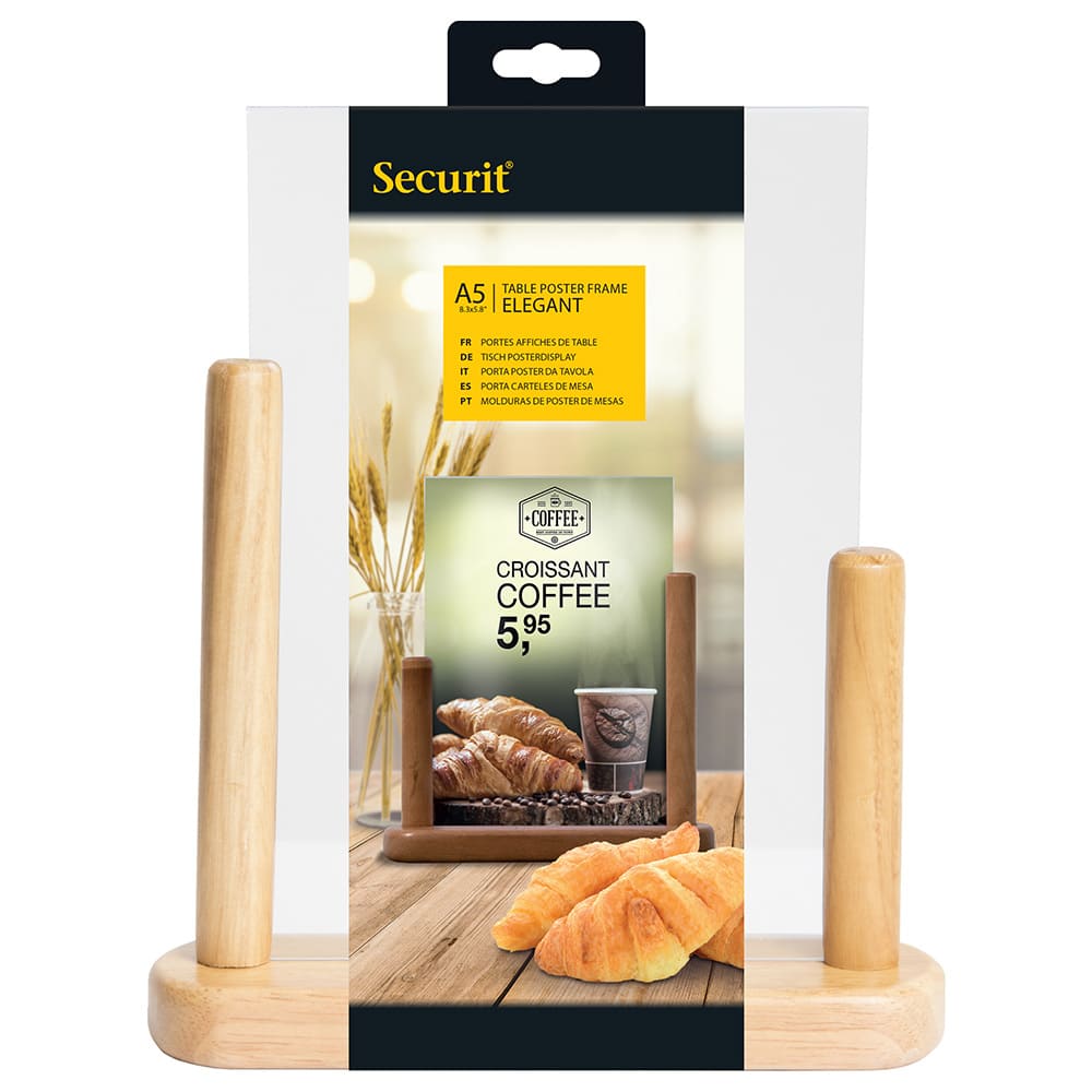 Securit® Acryl-Tischaufsteller mit lackiertem Fuss aus Hartholz