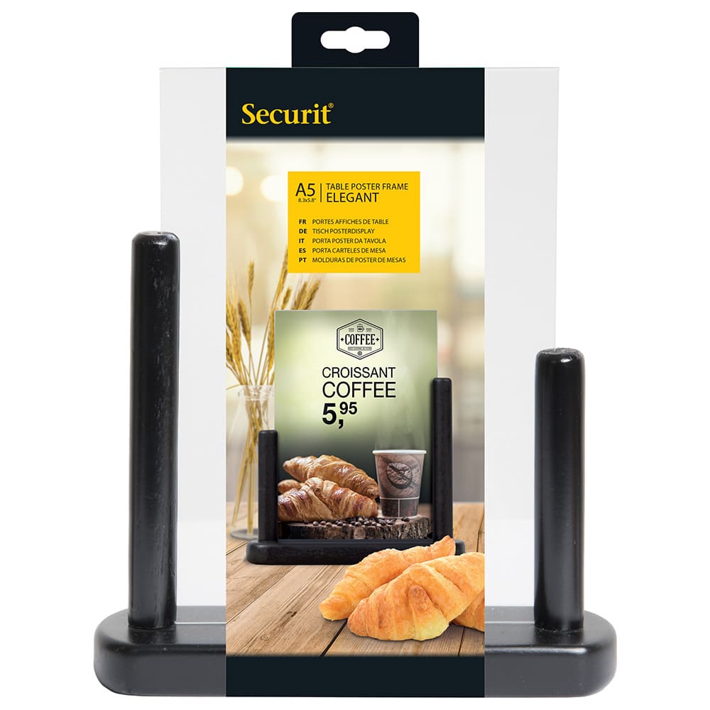 Securit® Acryl-Tischaufsteller mit lackiertem Fuss aus Hartholz
