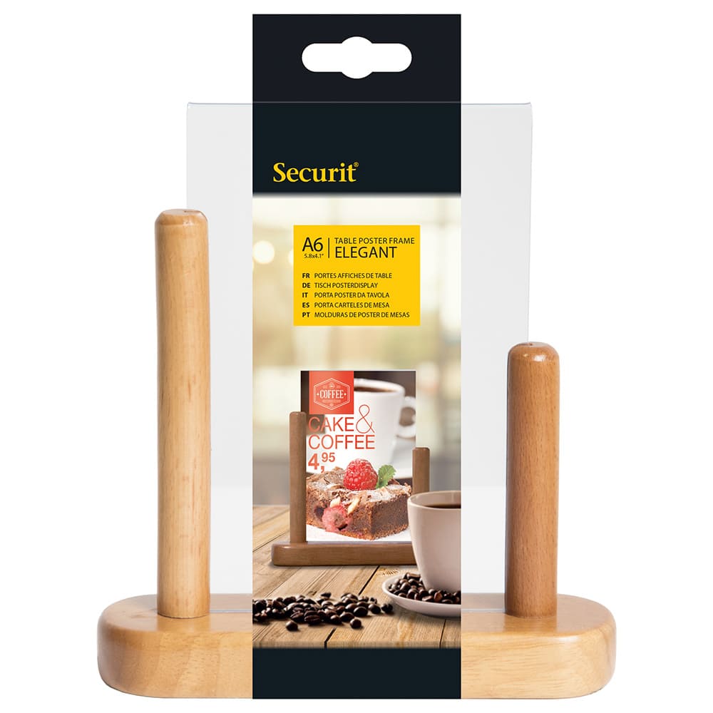 Securit® Acryl-Tischaufsteller mit lackiertem Fuss aus Hartholz