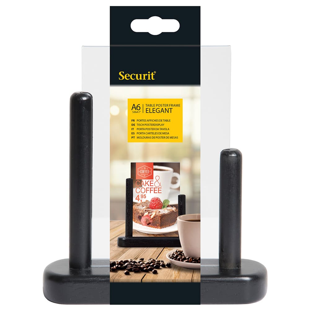 Securit® Acryl-Tischaufsteller mit lackiertem Fuss aus Hartholz