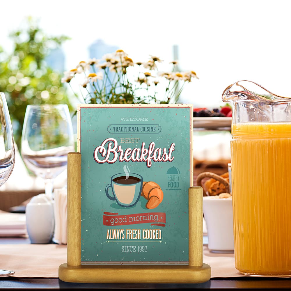 Securit® Acryl-Tischaufsteller mit lackiertem Fuss aus Hartholz