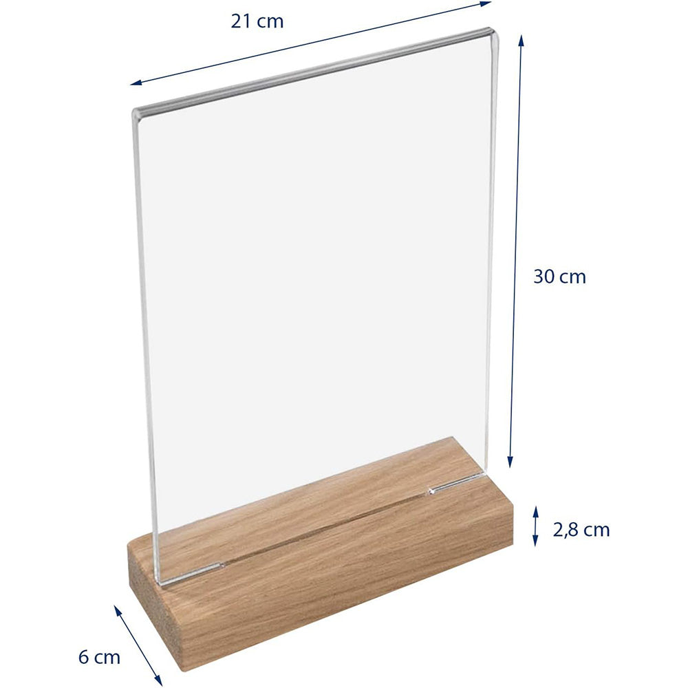 Acryl-Tischaufsteller mit stabilem Holzfuss