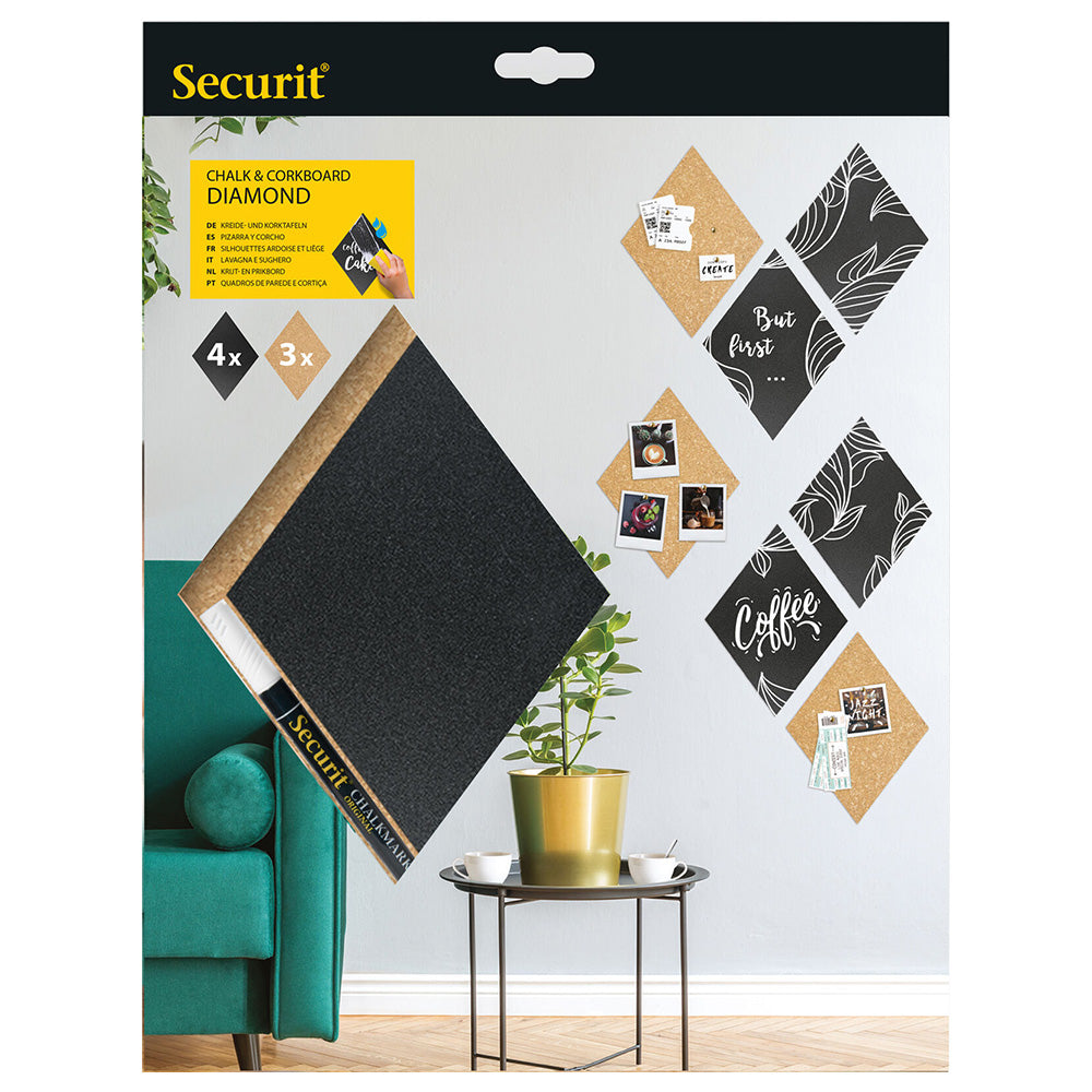 Securit® Wandkreidetafel & Kork Silhouette Diamant, 7er-Set, 22x33cm
