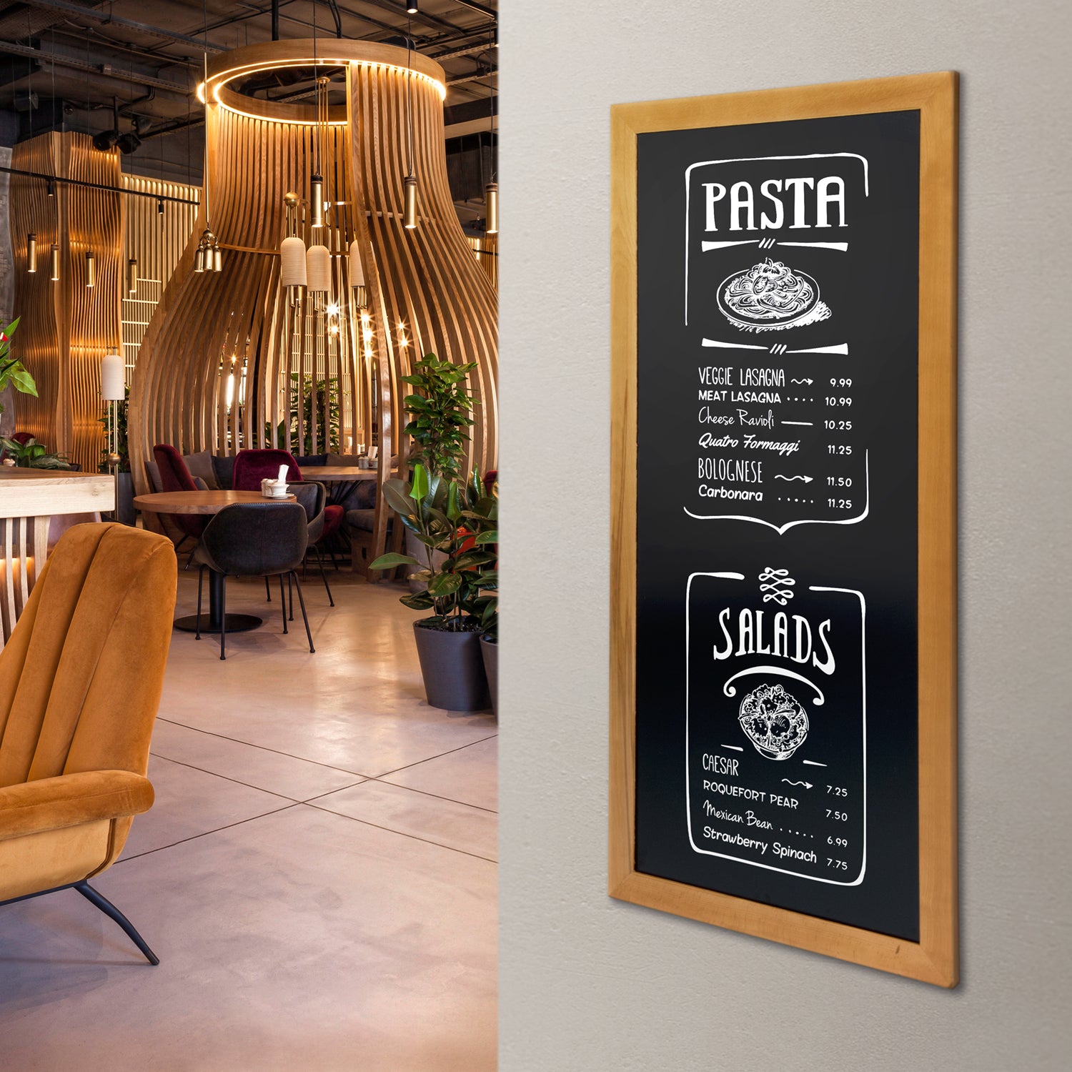 Securit® Wandkreidetafel "Long", Holzrahmen Hellbraun, 56x120cm, Outdoor