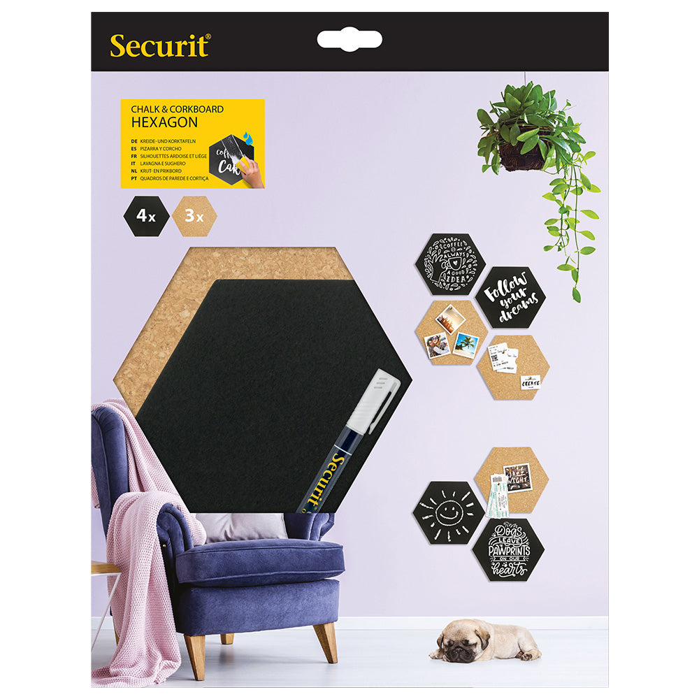 Securit® Wandkreidetafel & Kork Silhouette Hexagon, 7er-Set, 20x23cm