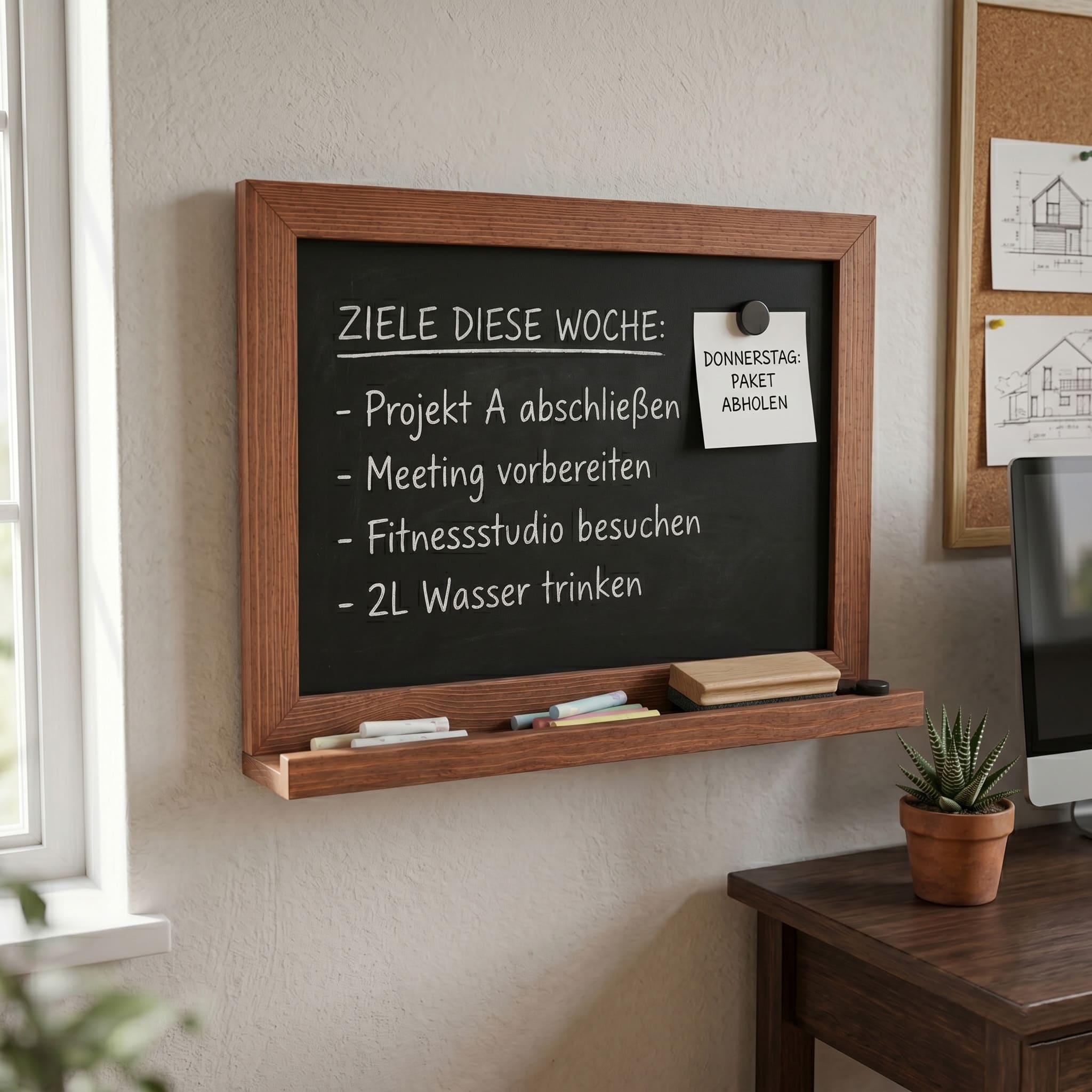 Magnetische Kreidetafel 70x50 cm mit Holzrahmen & Ablage – Braun Mahagoni