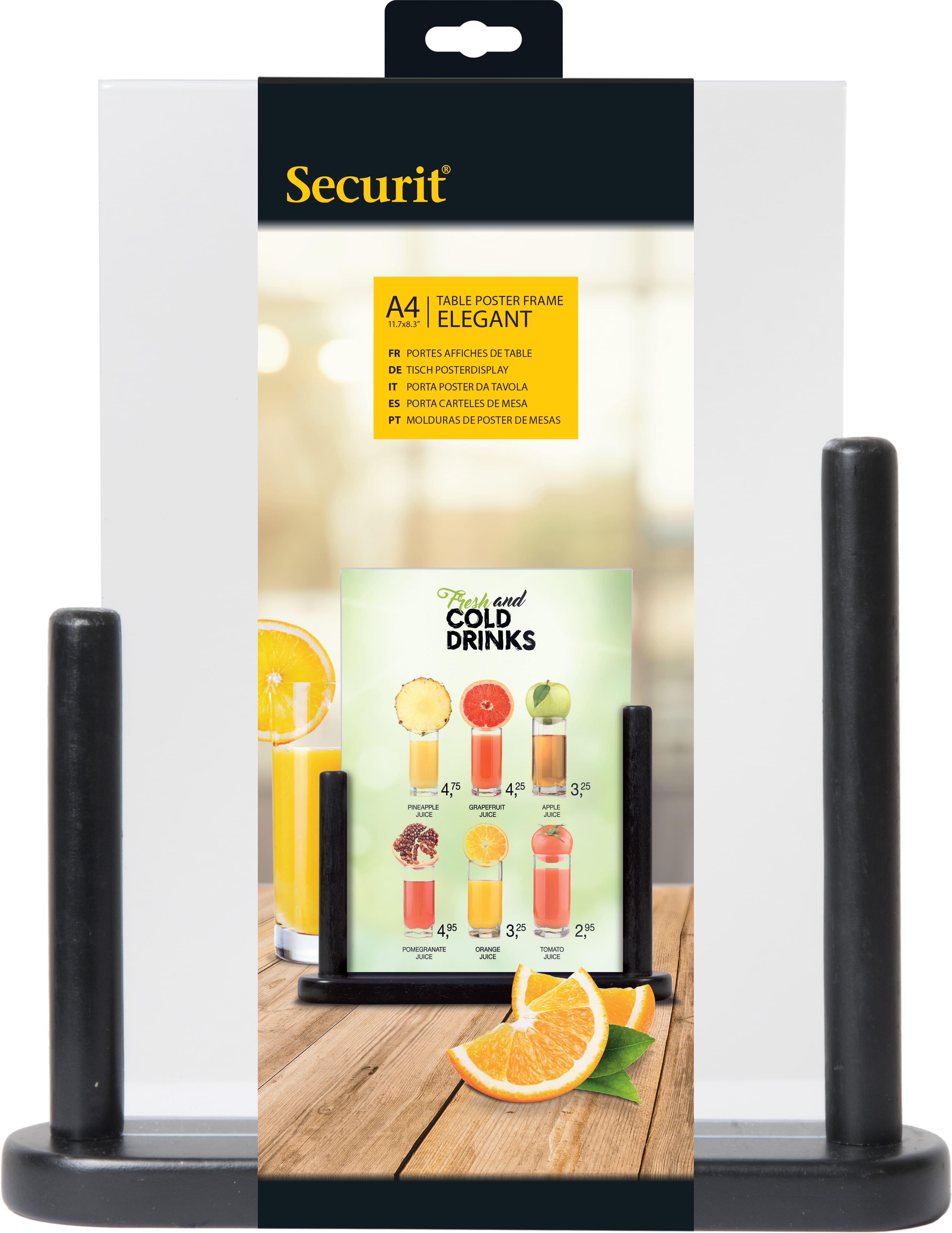 Securit® Acryl-Tischaufsteller mit lackiertem Fuss aus Hartholz