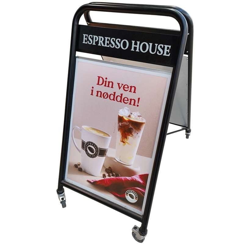 Kundenstopper Stahlrohr Deluxe mit Logoschild, mit Rollen, Outdoor