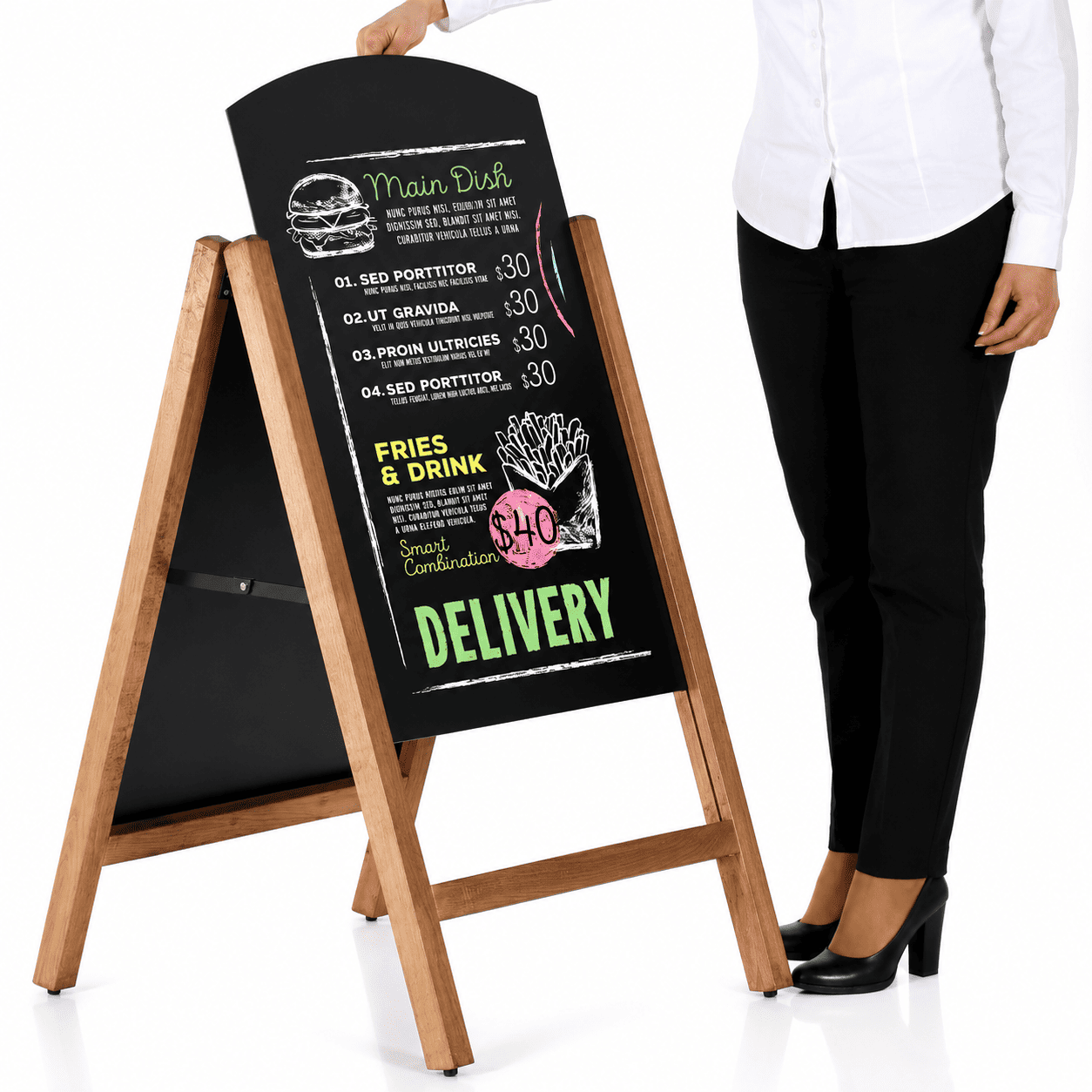 Outdoor Kreidetafel aus Holz 100×67 cm – Magnetisch, Slide-In, Dunkelbraun