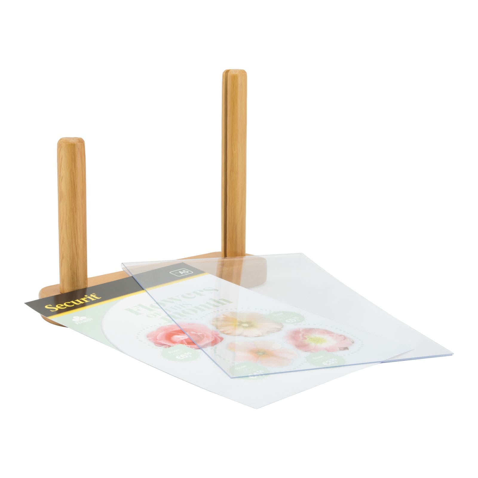 Securit® Acryl-Tischaufsteller mit lackiertem Fuss aus Hartholz