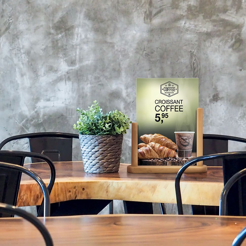 Securit® Acryl-Tischaufsteller mit lackiertem Fuss aus Hartholz