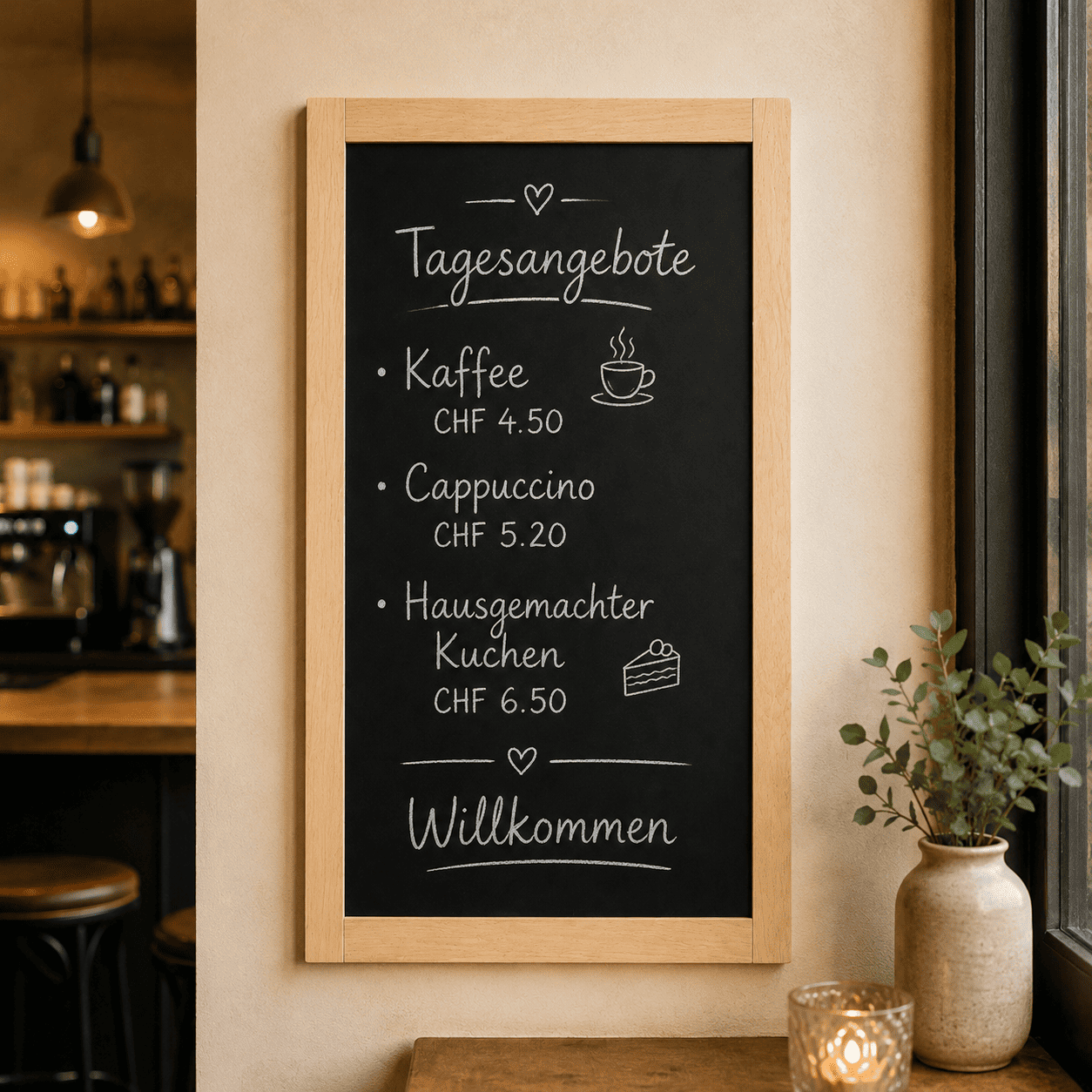 XXL Wandkreidetafel mit Buchenholzrahmen, 68x123cm, Indoor