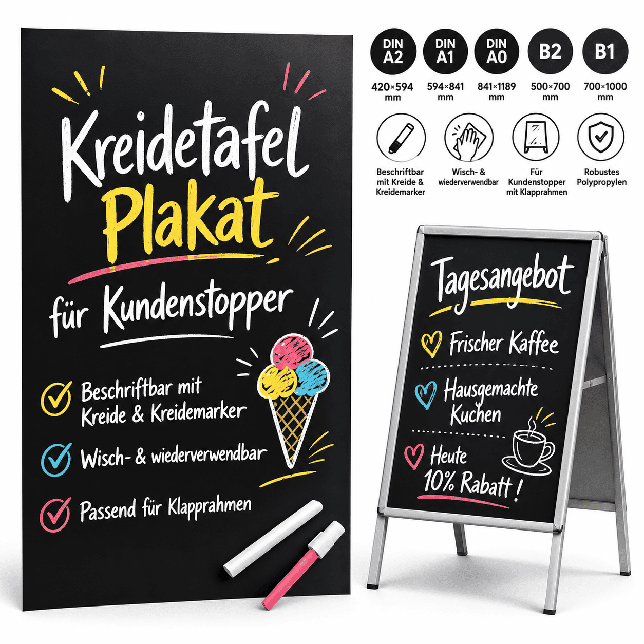 Kreidetafel Plakat für Kundenstopper SCHWARZ – beschriftbare Tafelfolie im 2er-Set, Wasserfest