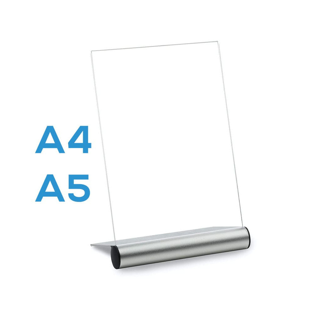 Edler Acrylaufsteller mit Aluminiumfuss geneigt