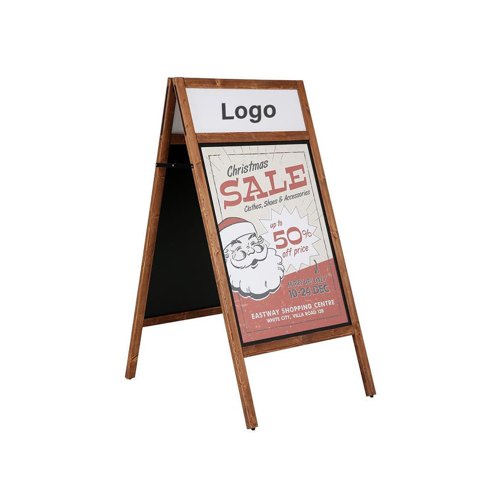 Holz Kundenstopper mit Logoschild und magnetischer Plakatfläche