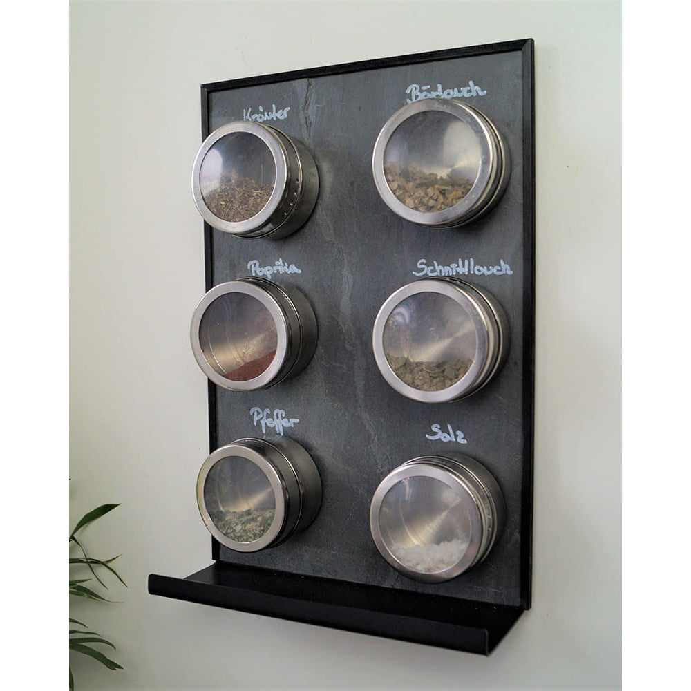 Kreidetafel Küche magnetisch mit Ablage in Anthrazit und Gewürzdosen für Gewürzorganisation