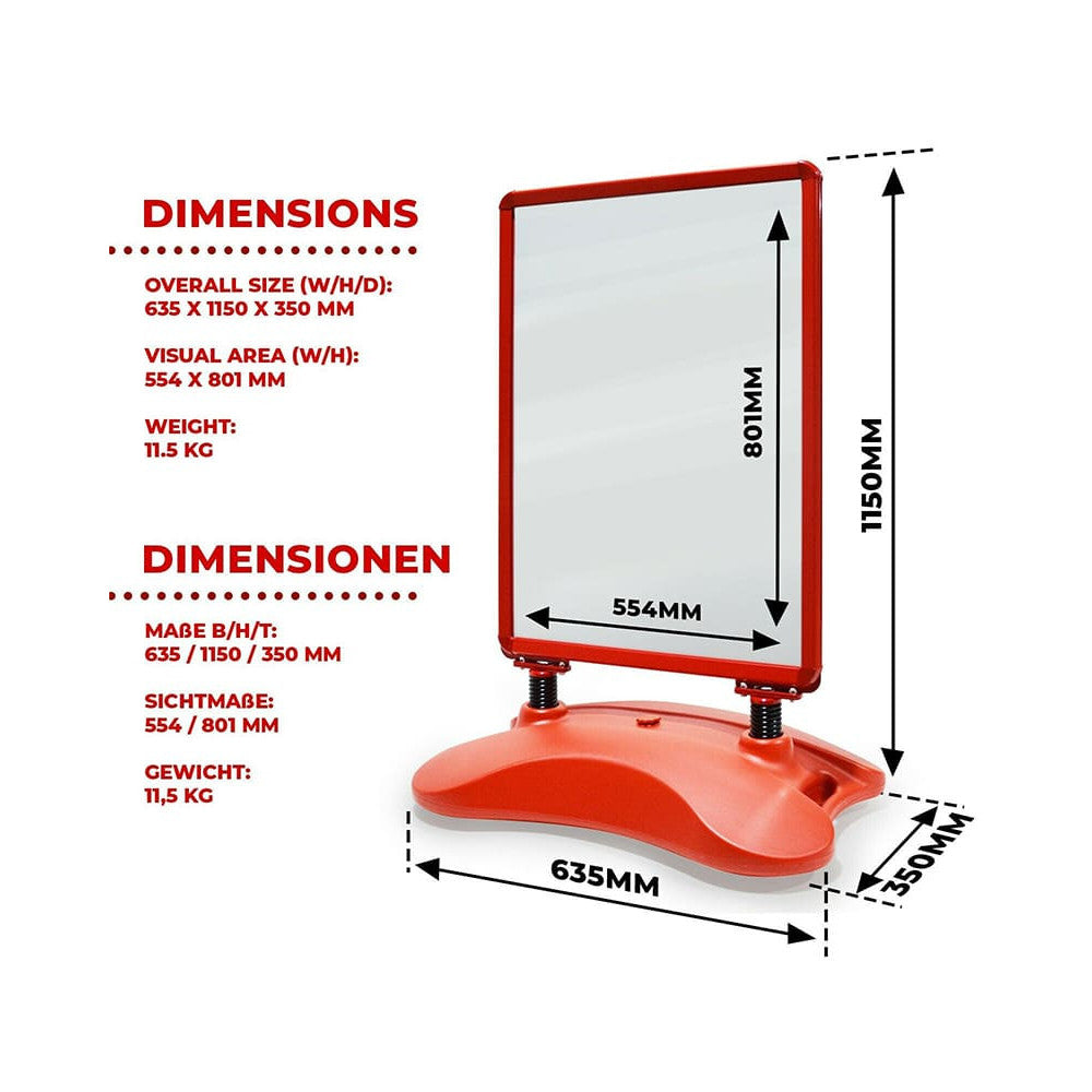 Masse des roten Kundenstopper Alu Classic mit Wassertank