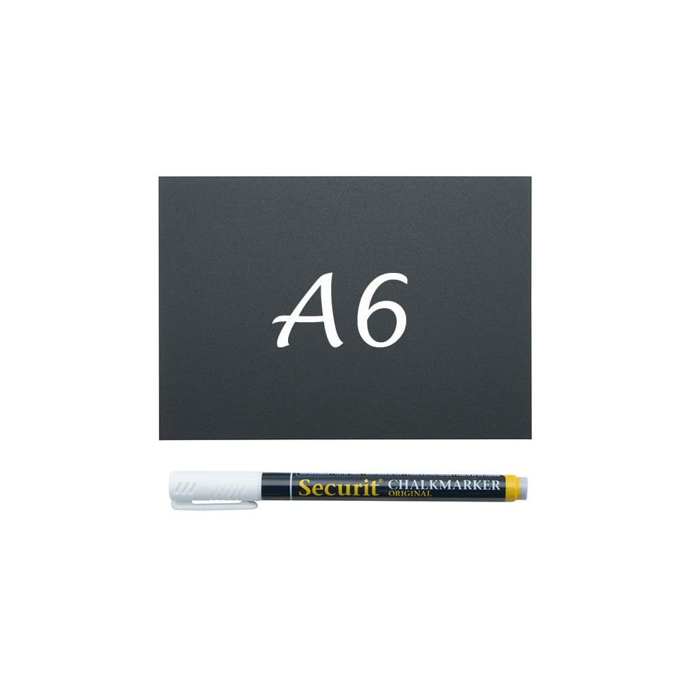 Securit® Kreidetafel TAGs A6 Schwarz, inkl. 1 Securit® Kreidestift, 4 Spikes und 4 transparenten Haltern, 20er Set