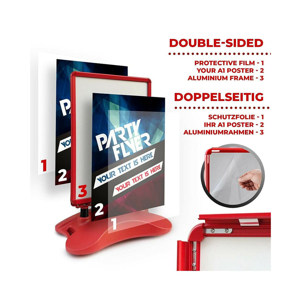 roter Plakatständer inklusive Antireflex UV Schutzfolien und auffüllbarem Wassertank