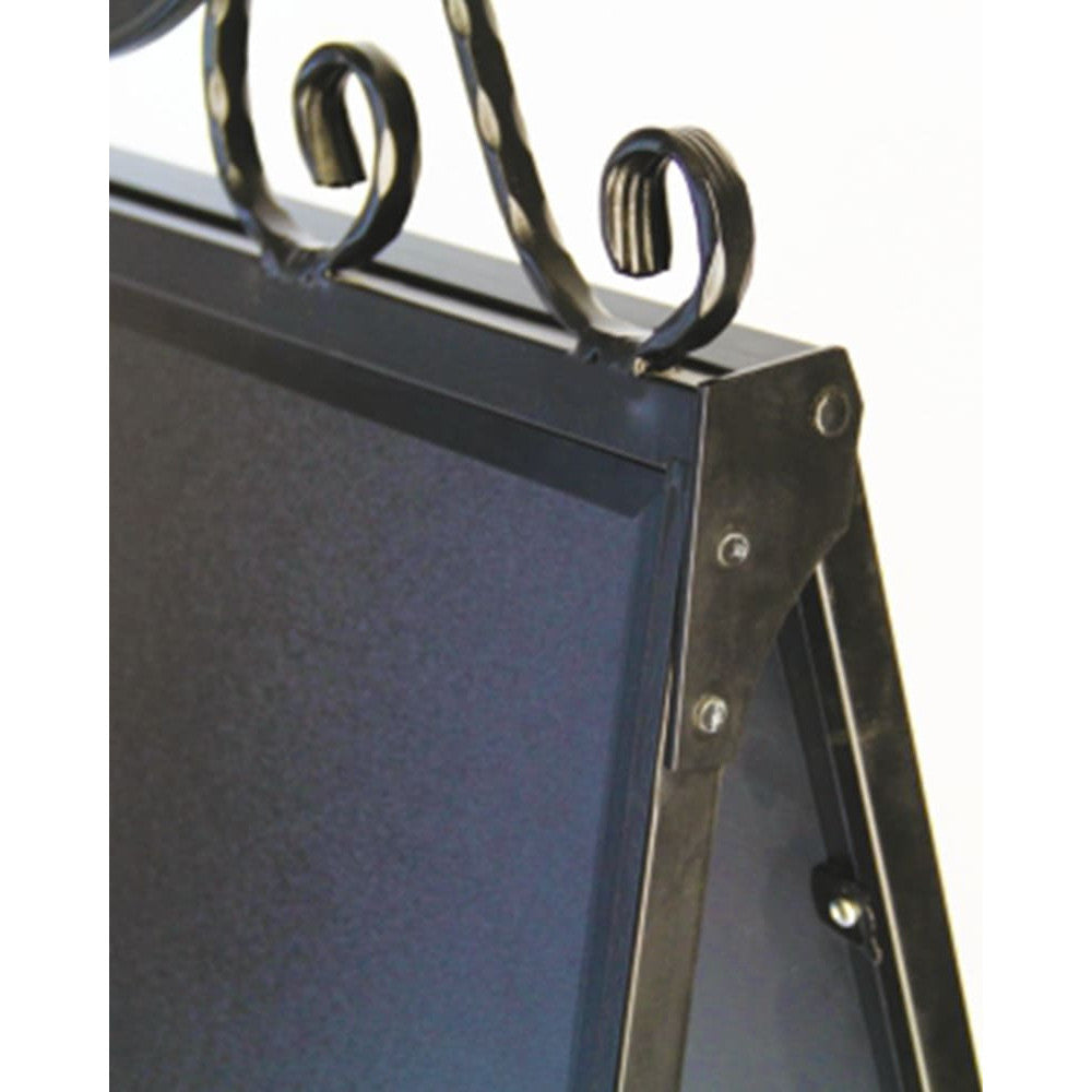 Schwarzer-Stahl-Kundenstopper-mit-Kreidetafel-Antik