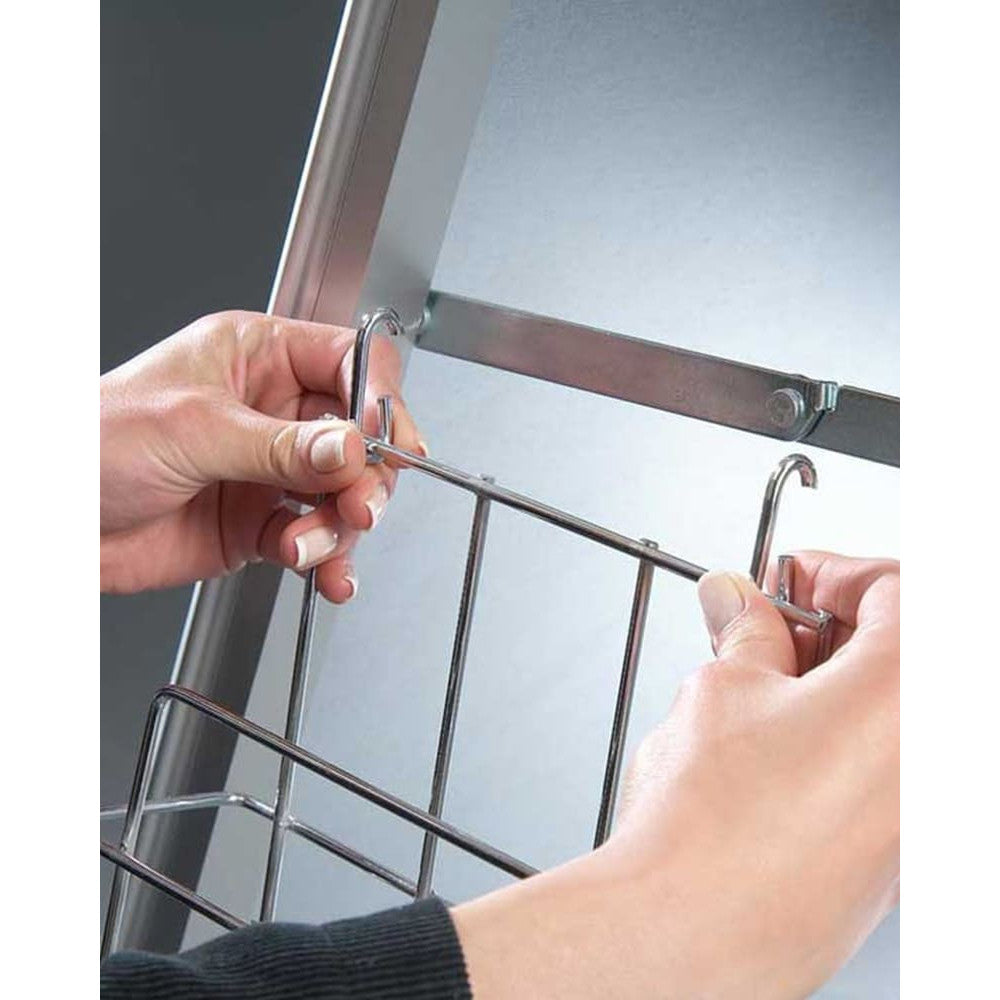 Seitliche Scharniere des Kundenstopper Alu Classic zum Anhängen einer Prospektbox