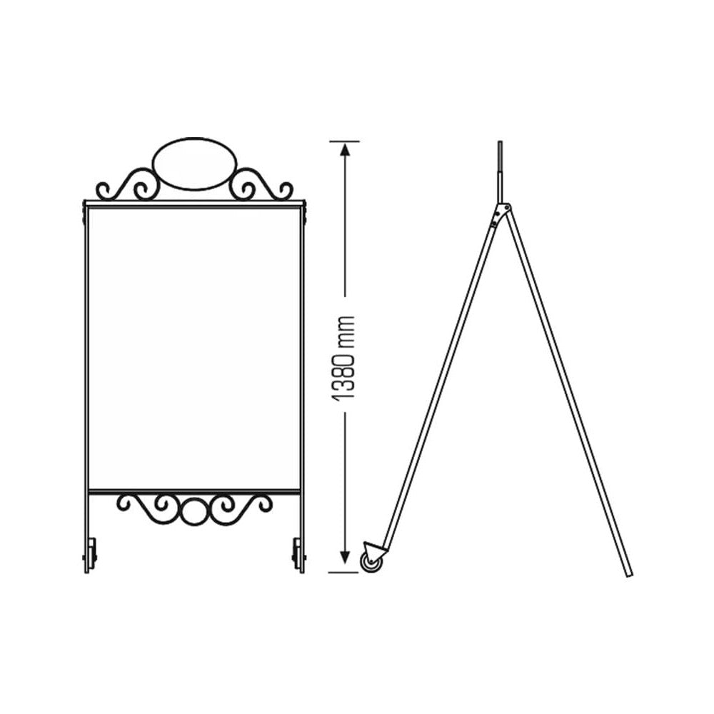 Stahlrohr-Kundenstopper-schwarz-antik-mit-Kreidetafel-&-Rollen