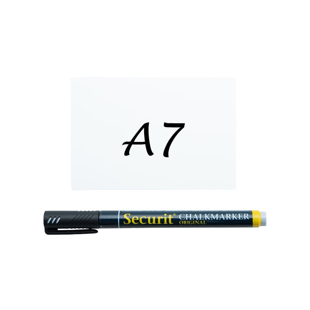 Securit® Kreidetafel TAGs A7 Weiss, inkl. 1 Securit® Kreidestift, 4 Spikes und 4 transparenten Haltern, 20er Set