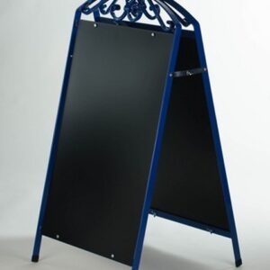 Kundenstopper Stahlrohr Antique mit schwarzer Tafel, Kundenstopper aus Stahl, massiver Kundenstopper, blau